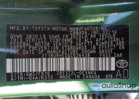 2016 Toyota Corolla L z USA, uszkodzony, nr VIN 2T1BURHE0GC626438